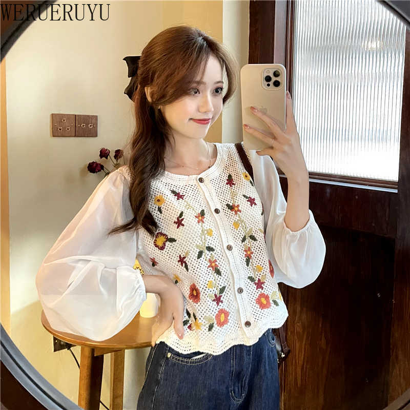 

WERUERUYU Korean Style Hollow out O-neck Short Knitted Sweaters Women Thin Cardigan Fashion Sleeve Sun Protection Crop Top 210608, Photo color