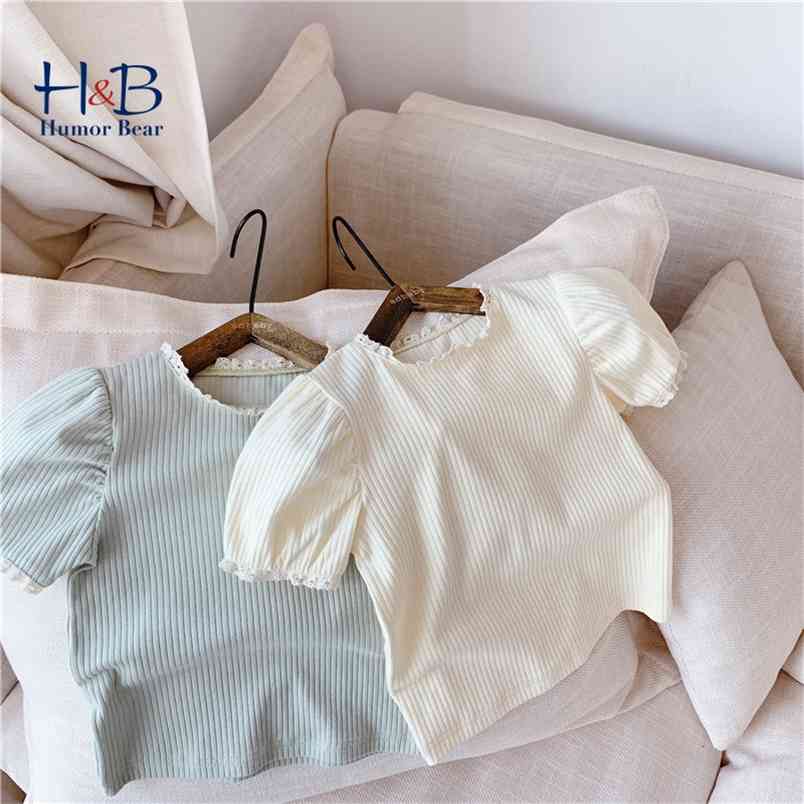 

Girl Clothes Summer Lace Patchwork Solid Color Short Sleeve T Shirts Cotton Knitted Kids 210611, Bz2194 beige