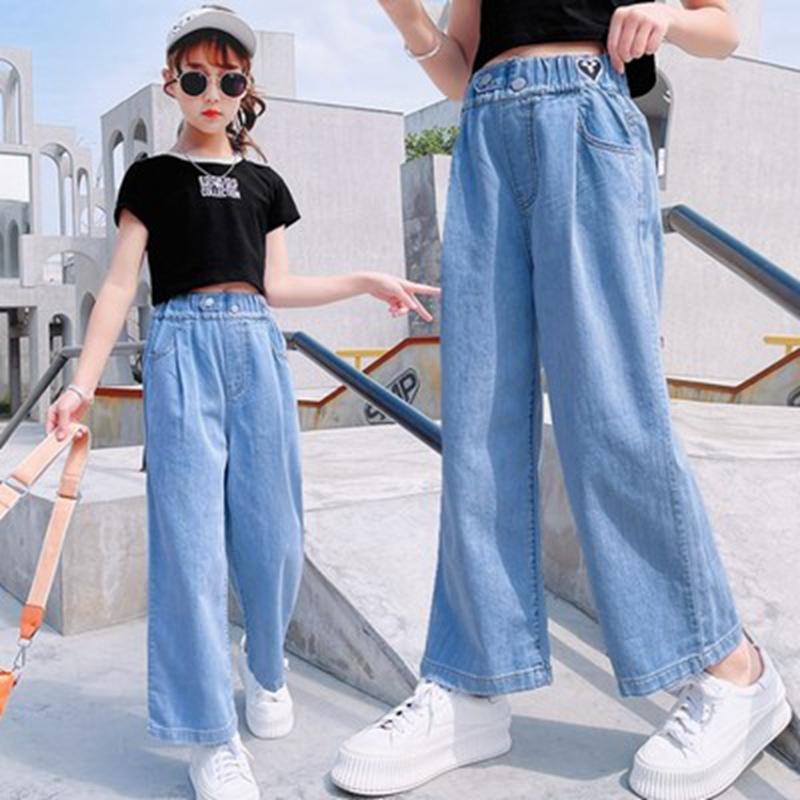 

Jeans Summer For Girls Clothing Thin Ice Silk Soft Denim Pants Solid Blue Loose Cool Casual Cowboy Childrens Bottoms, 02