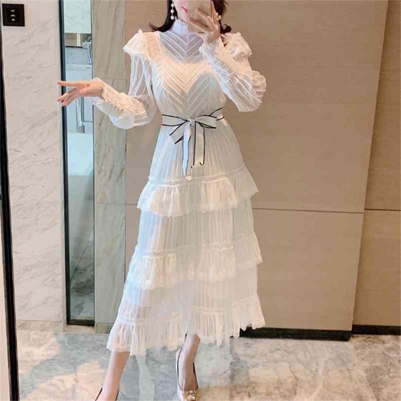 

Women Autumn Fashion Runway Party Cake Midi Dress Lace Ruffles Long Sleeve High Waist Bodycon Ladies A-Line Dresses 210603, Picture color