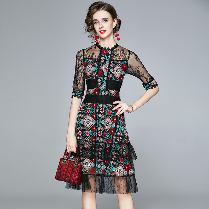 

Vintage Embroidery Floral Midi Lace Dress Women 2022 Designer Runway Elegant Ladies Casual Cocktail Dresses Half Sleeve Slim Black Office Party Prom Clothes Spring, Customize