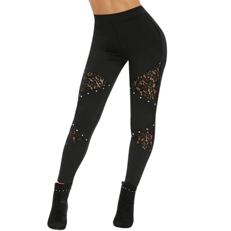 

Women's Pants & Capris Flower Lace Women Waist Casual Splice Studded Leggings Elastic Perspective, Black;white