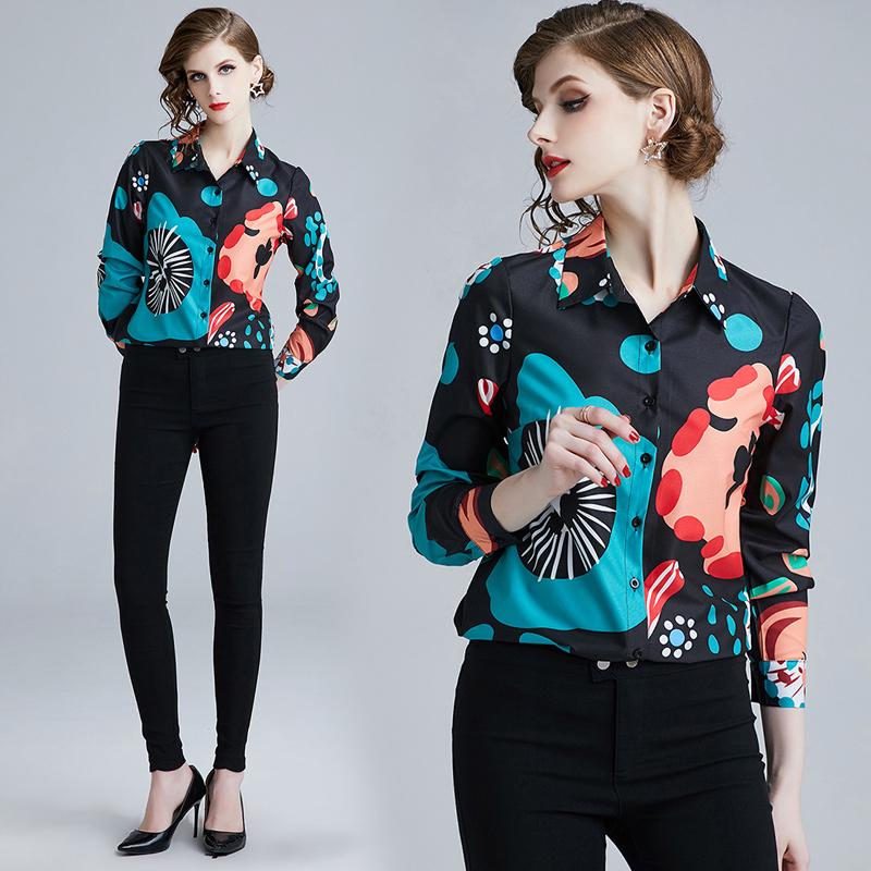 

Women's Blouses & Shirts Women Retro Blouse 2021 Summer Long Sleeve Print Elegant Tops Ladies Office Runway Camisas Mujer Blusa Feminina, Black