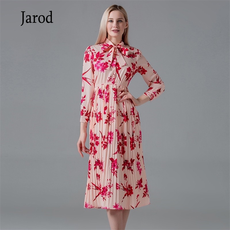 

Fashion Runway Designer Summer Dress Women's Bow Collar Elegant Pink Floral Print Pleated Vintage 210519, Picture color