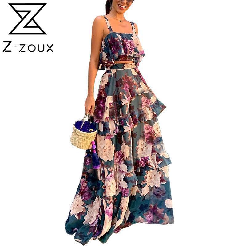 

Women Dress Temperament Floral Crop Top With Lotus Printed Long Skirt 2 Peice Set Two Piece Summer 210524