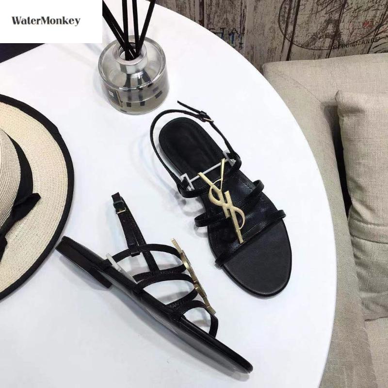 

Women Genuine Leather Sandal Classics Brand Metal YL Flat Sandals Open Toe Round Head Size 34-43, Black