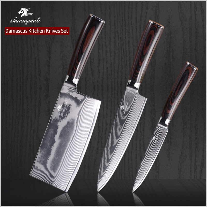 

3PCS Chef Ceaver Vegetabe Kitchen Knife Set Damascus Stee Cooking Chef Knives Fruit Chinese Ceaver Sicing Kitchen Knives