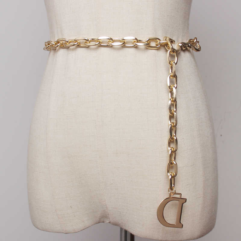 

Fashion d Letter Metal Chain Women Thin Waist Belt Gold and Silver Colors Available Q0624, Black;brown