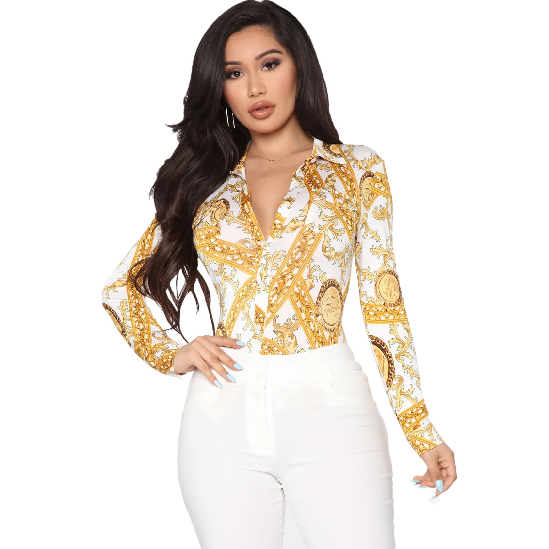 

Free Ship 2021 Women Fashion Gold Print Lapel Neck Shirt Casual Slim Long Sleeved Blouse Tops 3XL