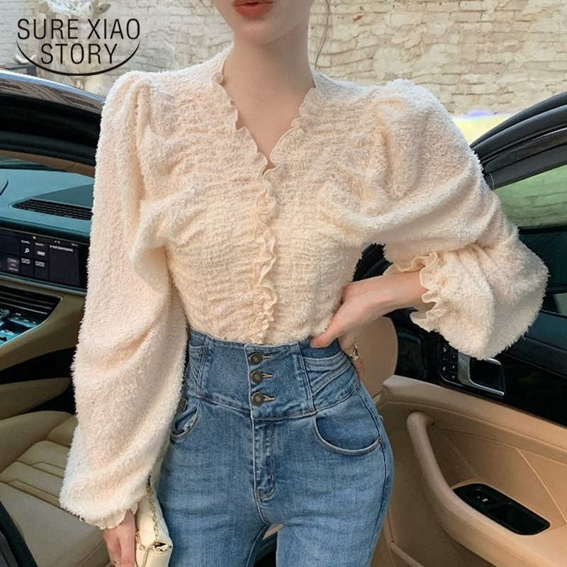 

Spring Korean Loose French Sweet Lace Blouse V-neck Lantern Sleeve Pleated Shirt Long Sleeve Tops Women Chemisier 12766 210527, Apricot
