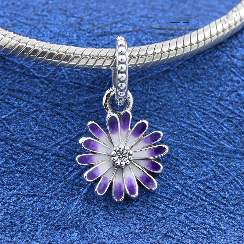 

925 Sterling Silver Purple Daisy Flower Dangle Charm Bead Fits European Pandora Style Jewelry Bracelets, Black