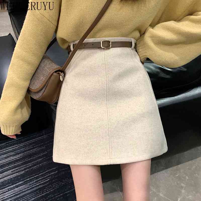 

WERUERUYU Fashion A-Line Mini Skirt Women Autumn Winter High Waist Woolen Skirt Female Casual All-match Basic Short Skirt 210608, Photo color