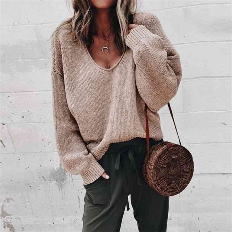 

Casual Knitted Sweater Women Streetwear V Neck Long Sleeve Pullovers Loose Solid Coat Autumn Winter Fashion Women' 210607, Beige