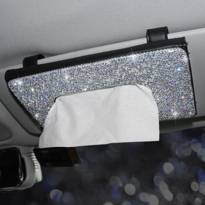 

Car Organizer Sun Visor Tissue Box Holder Storage Crystal Towel Sets Auto Interior Women's Diamond Inlaid