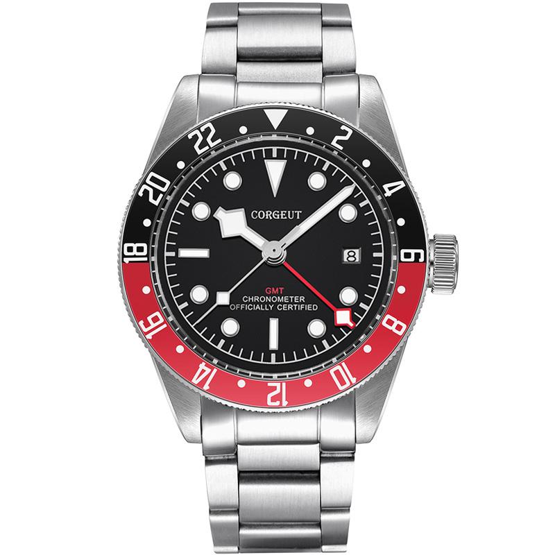 

Wristwatches CORGEUT Luxury Top Brand Mechanical Watch Sapphire Glass GMT Men's Automatic Military Sports Clock Leather Diver's, Steel strip white 2