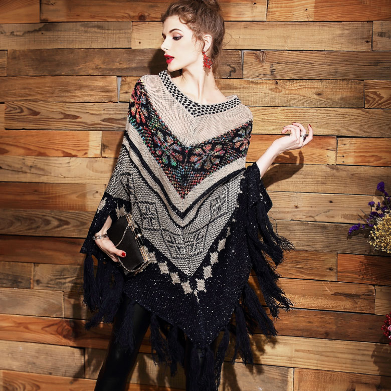

V-neck sweater pullover mid-length cloak shawl bat shirt coat tasssel sweaters