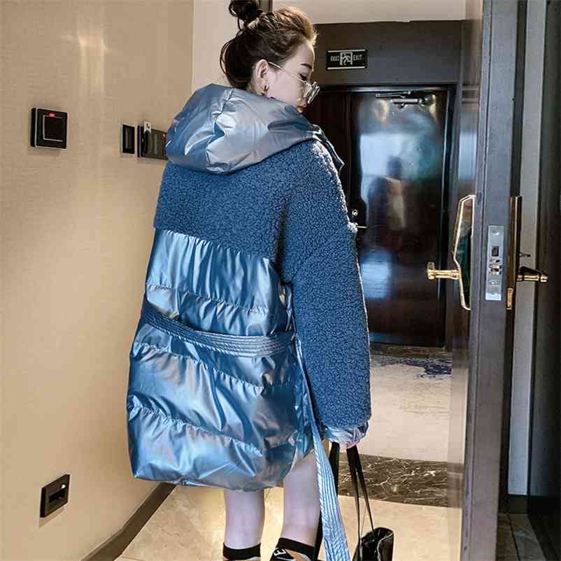 

Women Parkas Fur Coat Bandage Patchwork Vintage Winter Casual Female Warm Hooded Jackets With Belt Outwears 210517, Beige