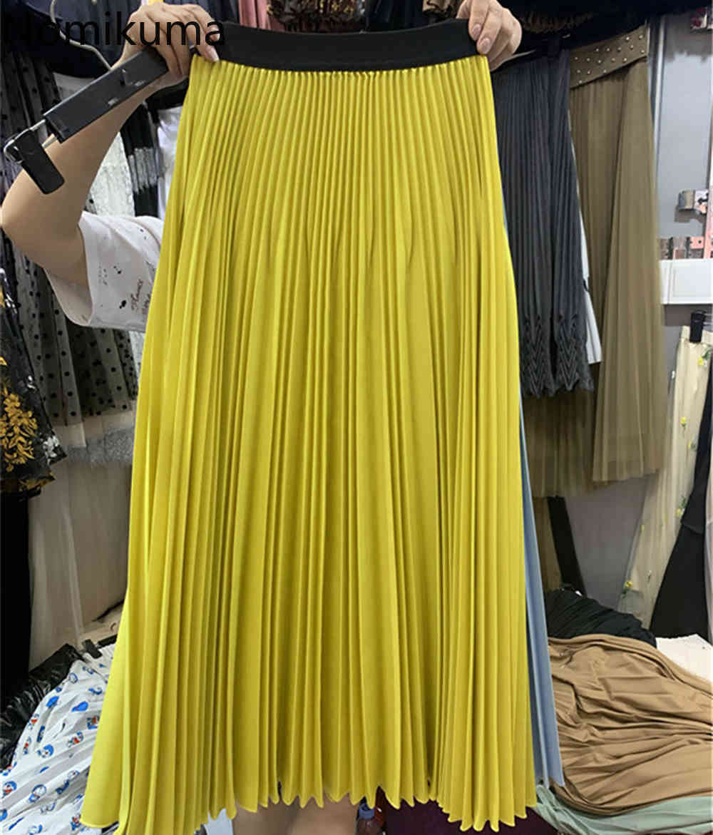 Nomikuma Korean Pleated A-line Woman Skirt Hit Color High Waist Causal Skirts Summer New Elegant Faldas Mujer Moda 6H208 210427