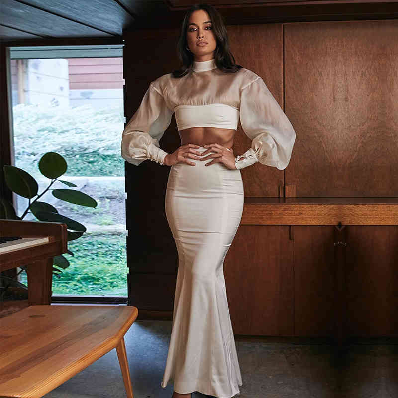 

sexy white lace puff sleeves top *mermaid bandage skirt two pieces celebrity suit beach joint party, Black