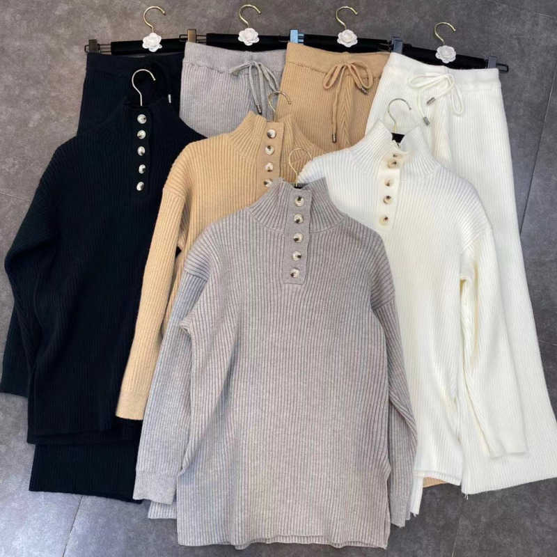 

DEAT Spring Arrival Long Sleeve Stard Collar Knitted Pullovers Women Sweater Pants Two Piece Set Women Tracksuits ML623 210709, Light gray