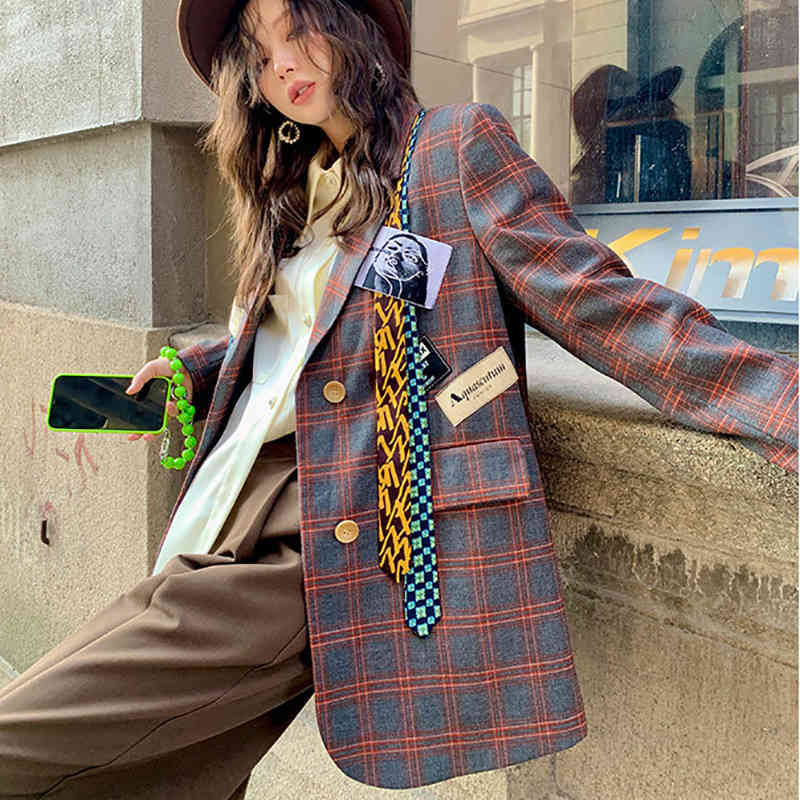 

women's suits & blazers [ewq] korea chic temperament plaid blazer autumn notched loose single breasted long sleeve suit jacket 16e2851, White;black