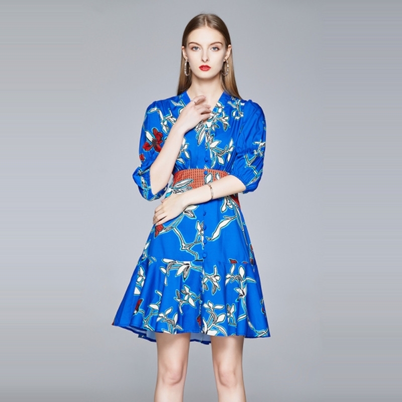 

Designer Fashion Summer Mini Short Dress Women V-neck Button Casual Blue Green Elegant Print Ruffles Dresses 210525