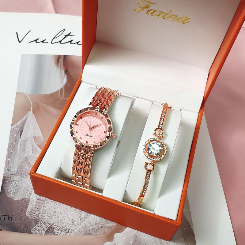 

Wristwatches Watches Women Fashion Luxury Ladies Bracelet Watch Box Set Quartz Dress Wristwatch Feminino Wrist For Gift, Rose set
