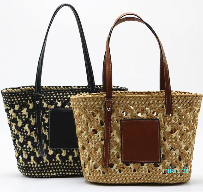 

Trendy Beach Bags Handmade Woven Bag Luxury Designers Three Color Handbag Ladies Totes reusable 26cm*23cm*12cm #C320, Black