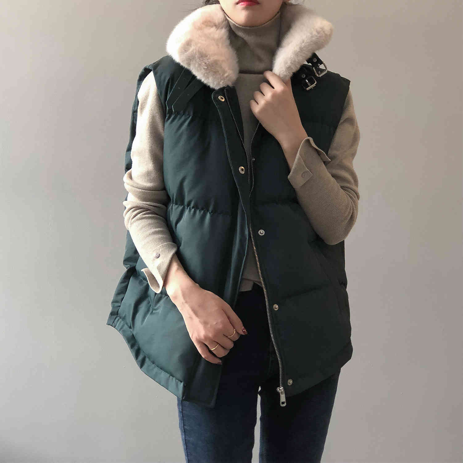 

Winter Lazy Wind Vest Women Fur Turn Down Collar Oversized Cotton Waistcoat Jacket Female For Solid Fashion 210520, Green
