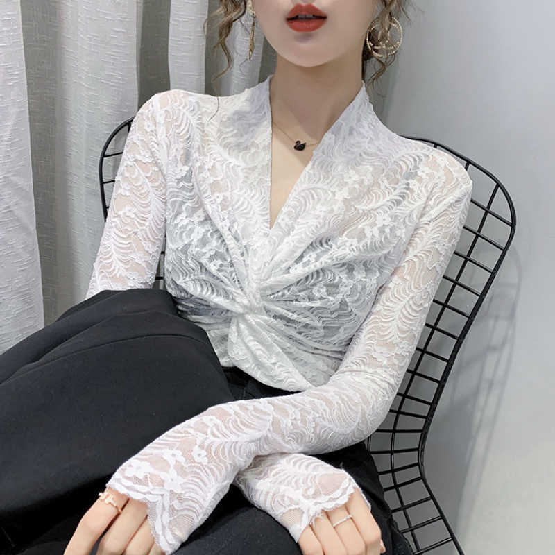 

Fashion Woman Blouses Long Sleeve Blouse Women V-neck Lace White Blouse Shirt Tops Clothes Womens Tops And Blouses C852 210602, Pink
