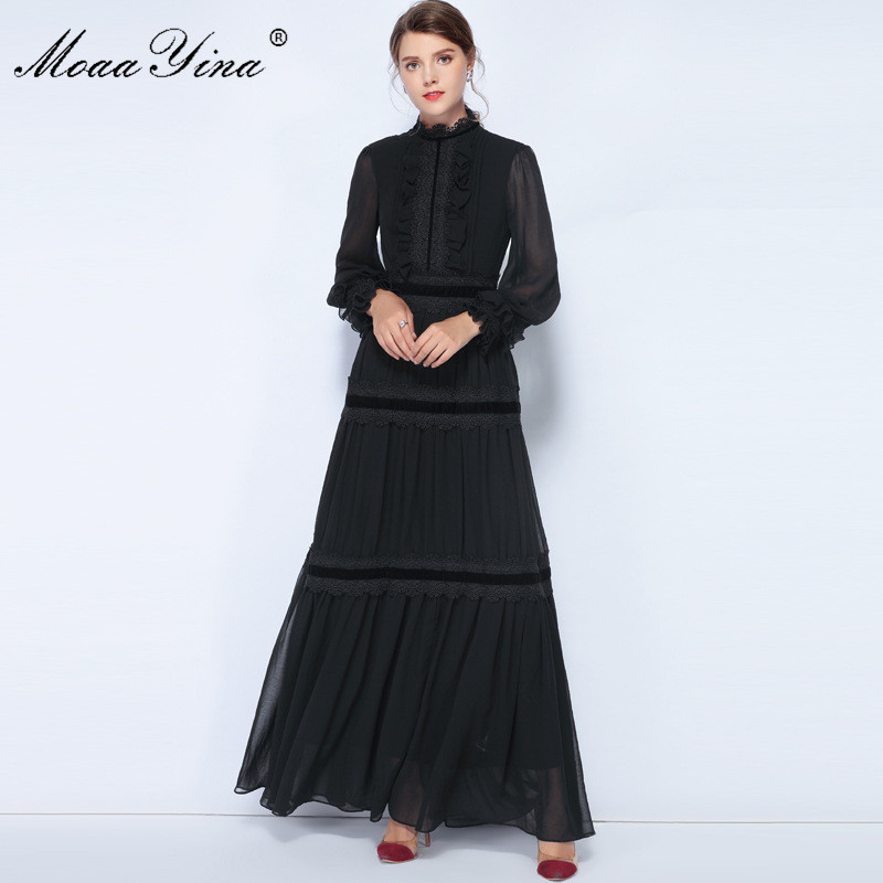 

Fashion Designer Dress Spring Women Lantern Sleeve Lace Ruched Spliced Casual Elegant Party Chiffon Maxi Slim Dresses 210524, Black