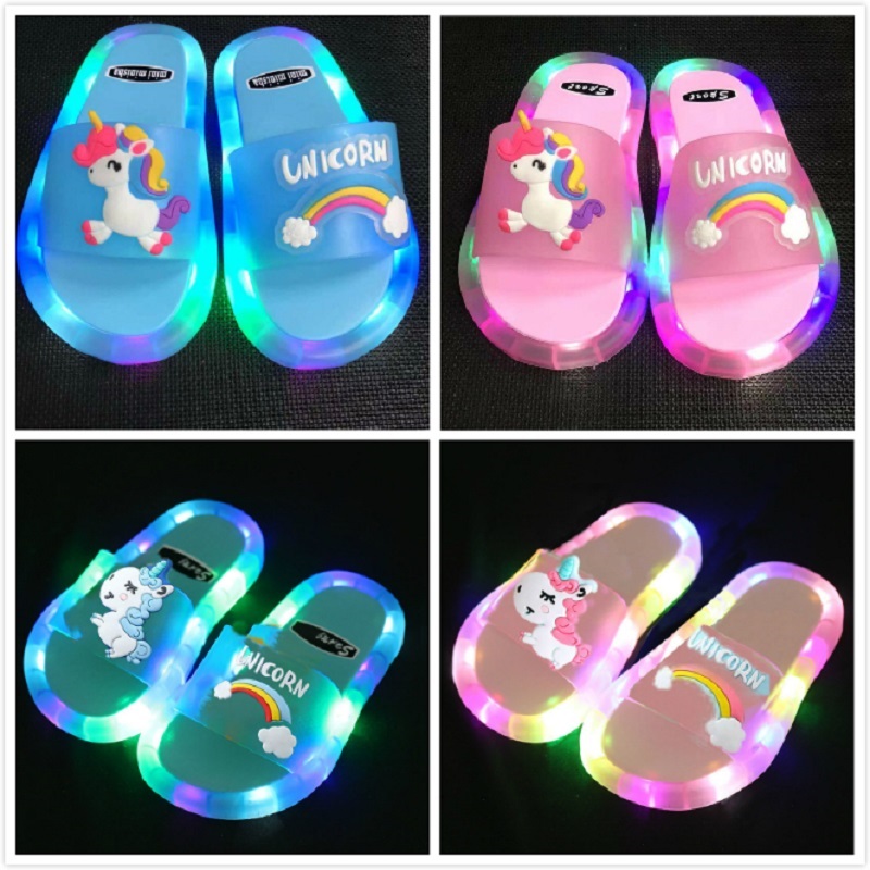 

DHL Rainbow Unicorn Slippers for Boys Girls LED Light Summer Kids Beach Shoes Baby Toddler Soft Indoor Slipper Children Sandals, Multi-color