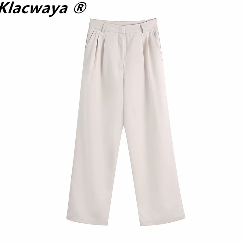 

Women Fashion Office Wear Side Pockets Straight Pants Vintage High Waist Zipper Fly Female Trousers Mujer 210521, Beige