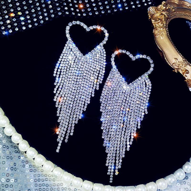 

women hollow heart stud earring bling bling rhinestone heart long tassel earring gift for love girlfriend wedding jewelry accessories, Golden;silver
