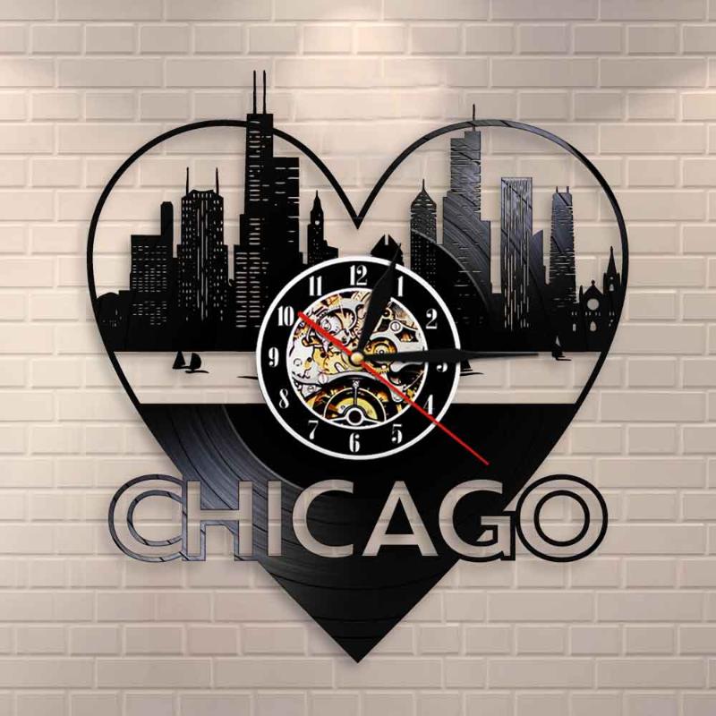 

Wall Clocks Chicago Skyline Cityscape Record Clock USA Travel Souvenir City Architecture Art Home Decor