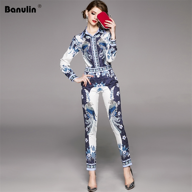 

Banulin Spring Runway Pants Suit Sets Women's Long Sleeve Floral Print Blue Blouses Tops and Casual Two Pieces Set 210603, Design and color