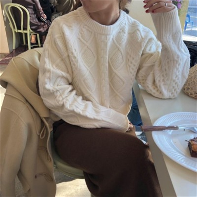 

Korean Twisted Knitted Thicken Sweaters Pullovers Autumn Winter Long Sleeve O-neck Solid Loose Fashion Tops Femme 210518, Khaki