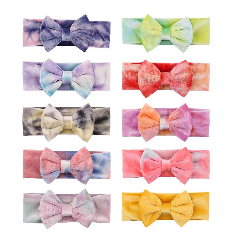 

4 inch Tie Die Velvet Bow knot Baby Head Wrap Trendy DIY Hair Accessories Girls Fashion Headband Head Wear, As pic