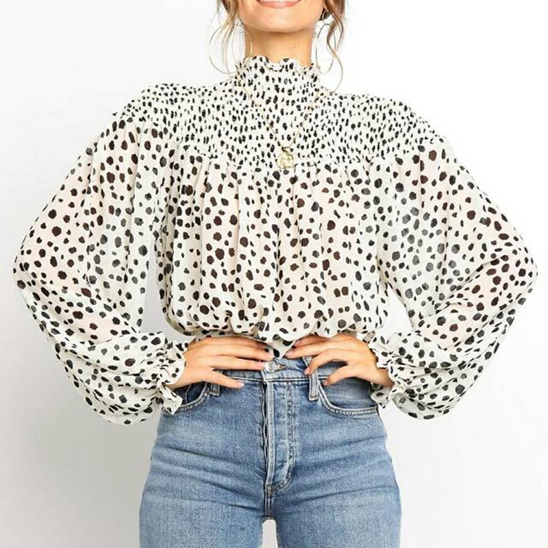 

Women' Blouses & Shirts 2021 Fashion Print Long Sleeve Shirt Women Bat-sleeve Printed Casual Turtleneck Top Jumper Female Blouse, White