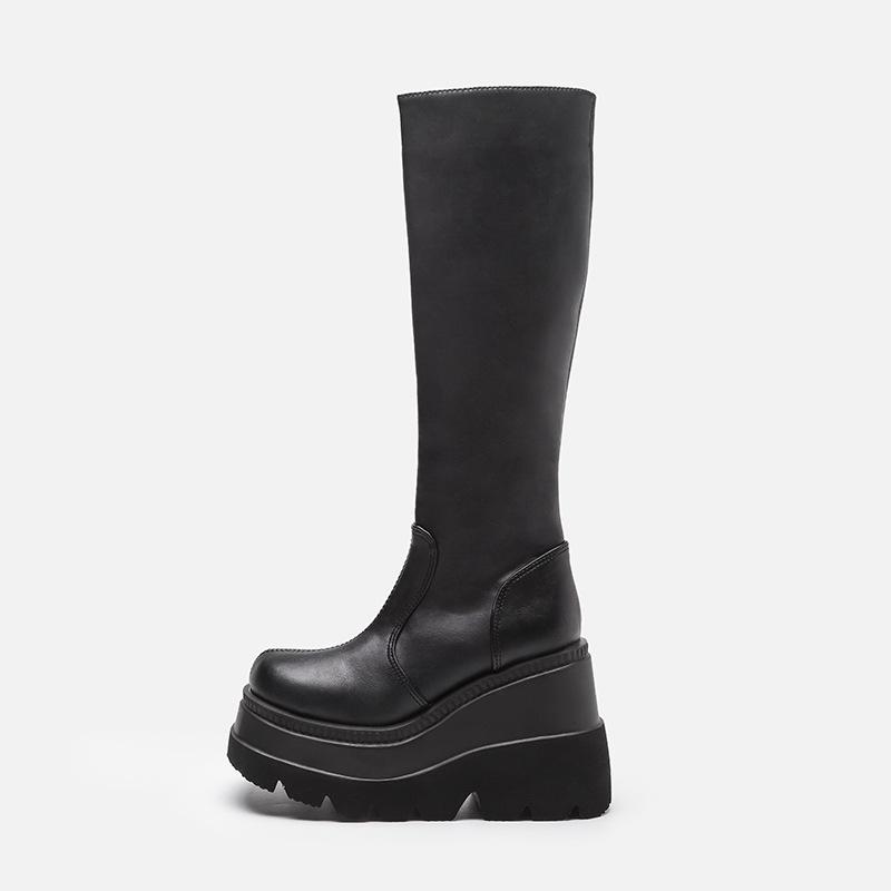 

Style Ladies Black Boots Casual Knee High Heels Wedge Platform Punk Gothic Shoes Lace-up Knight
