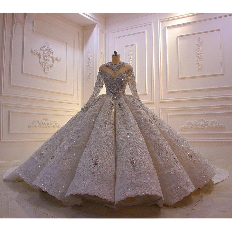 

Luxury Long Sleeves Ball Gown Wedding Dresses Real Pictures Saudi Arabian Dubai Plus Size Bridal Gown Cathedral Train CG001, White