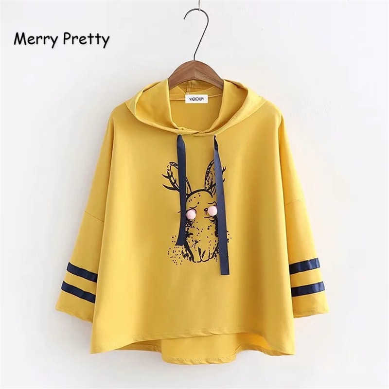 

Merry Pretty Hoodied Sweatshirt Women Cartoon Rabbit Printed Hoodie Half Sleeve Drawstring Pullovers Tracksuits Sudader Mujer 210526, Black