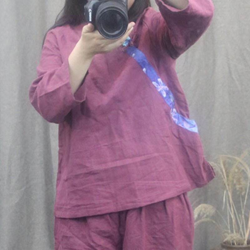 

Johnature Fashion Retro Patchwork Plate Buckle O-neck Nine Quarter Sleeve Shirt Autumn Cotton Linen All-match Women Top 210521, Purple