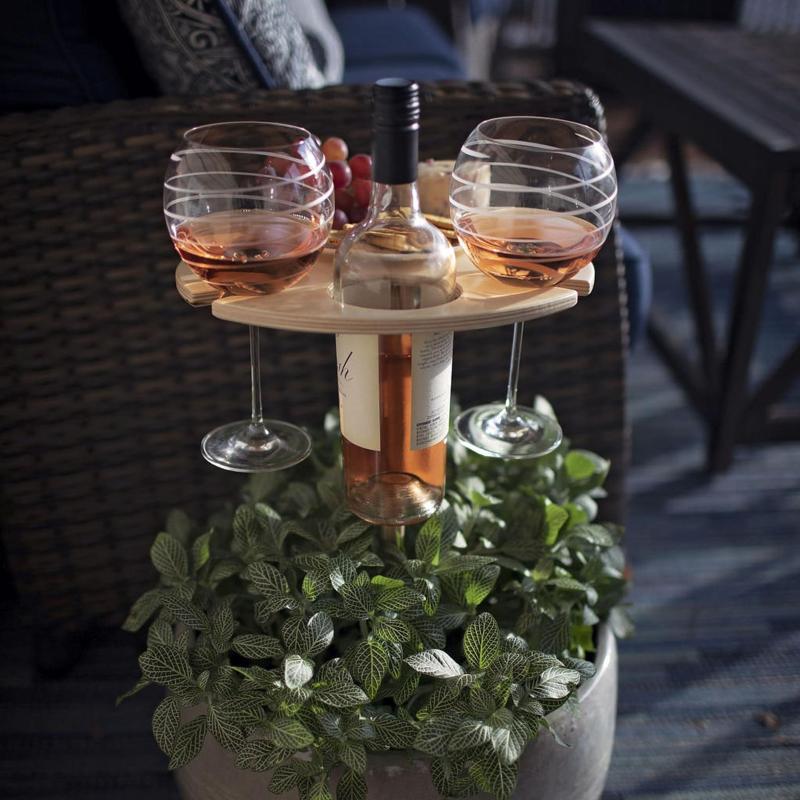 

Camp Furniture Outdoor Foldable Wine Table Set Portable Wooden Picnic Beach Travel Garden Round Top Glass Holder