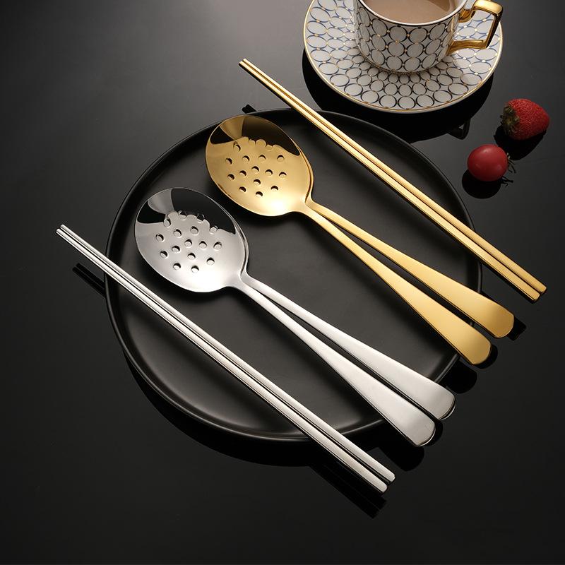

Dinnerware Sets 304 Stainless Steel Tableware Household Cutlery Chopsticks Long Handle Serving Spoon Colander Kitchen Utensils, Silver chopsticks