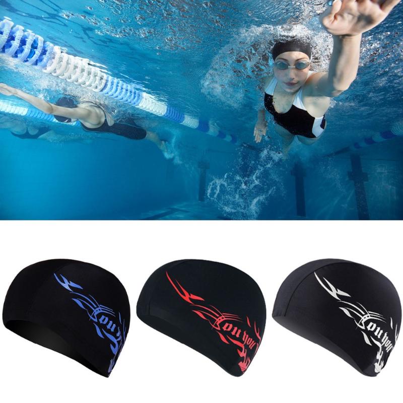 

Outdoor Elastic Waterproof PU Fabric Swim Cap Ears Long Hair Protection Sports Pool Hat Swimming For Men Women Caps