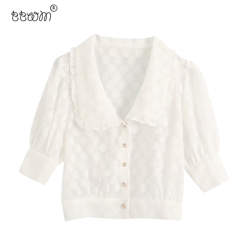 

Women Sweet Fashion Jacquard Ruffles Short Blouses Vintage Puff Sleeves Buttons Shirts Girls Chic Tops 210520, As picture