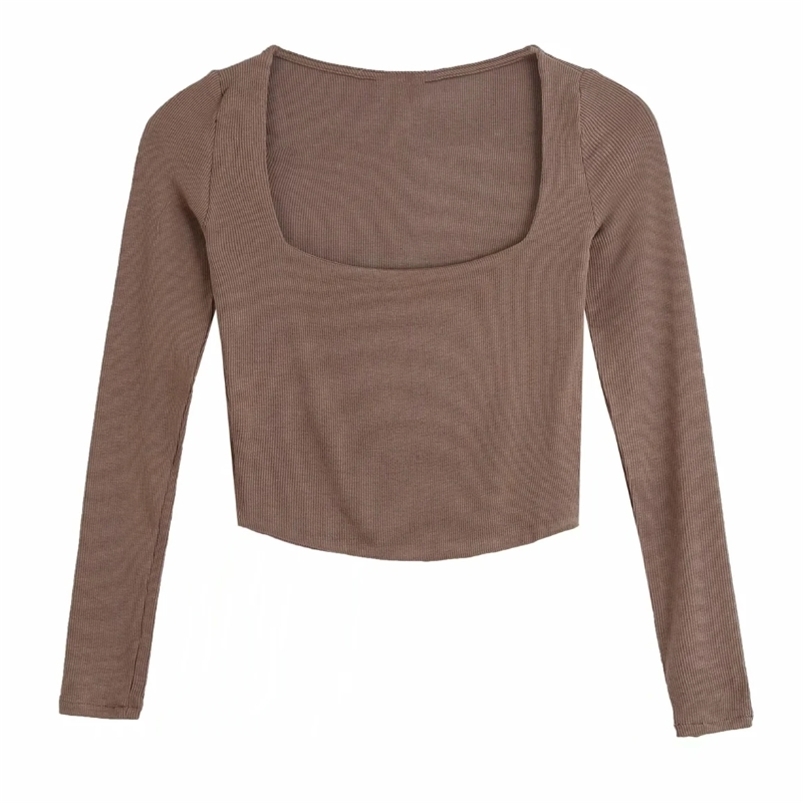 

Autumn Women Square Collar Knitting Short T Shirt Casual Femme O Neck Long Sleeve Crop Tops T1380 210722, Black