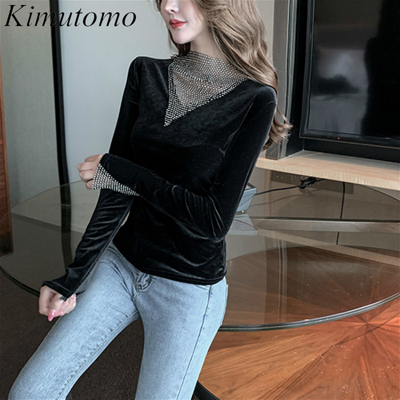 

Kimutomo Elegant Women T-shirt Spring Autumn Korea Chic Female V-neck Patchwork Long Sleeve Black Tops Casual 210521, Blue