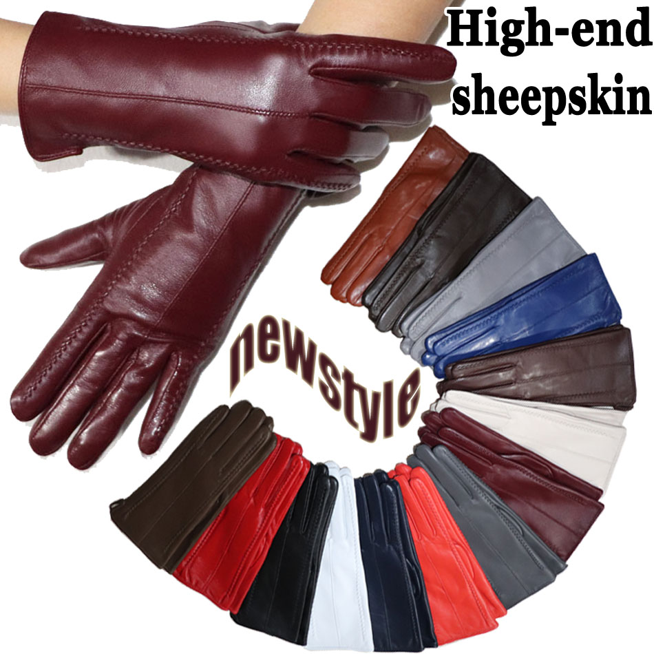 

Womens sheepskin gloves winter warmth plus velvet short thin touch screen driving female color leather gloves new high-end 2021g
